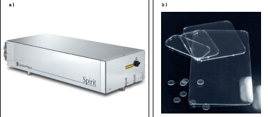 图1：Spirit 1040-IMC 激光器（a）具备高重复率的工业飞秒激光器，平均功率高达16瓦，是进行 ClearShape加工（b）的理想之选。