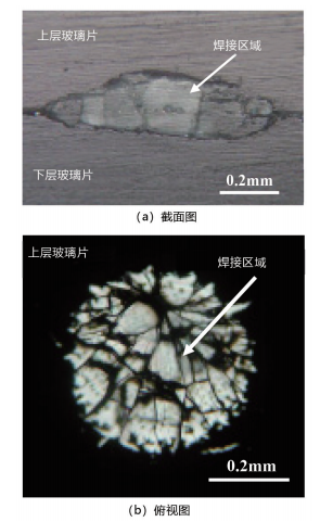 图 6. 微分干涉差显微镜下的焊接区域微观形貌（基片预热温度 293K，脉冲宽度 7.5ms，光束能量为 2.3J/ 脉冲）。