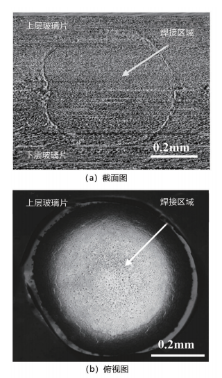 图 7. 微分干涉差显微镜下的焊接区域微观形貌（基片预热温度 673K， 脉冲宽度 7.5ms，光束能量为 2.3J/ 脉冲）。