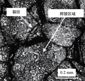 图 12. 采用重叠焊接方式时，微分干涉差显微镜下的焊接区域微观形貌（基片预热温度 673K，脉冲宽度 7.5ms，光束能量为 2.3J/ 脉冲）。