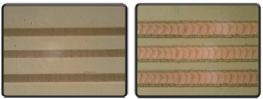 JPSA薄膜太阳能电池优化划片（左）与非JPSA薄膜太阳能电池划片（右）的比较