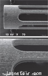 在低倍和高倍扫描式电子显微镜下，经Smart Light MD加工的镍钛合金支架的图像